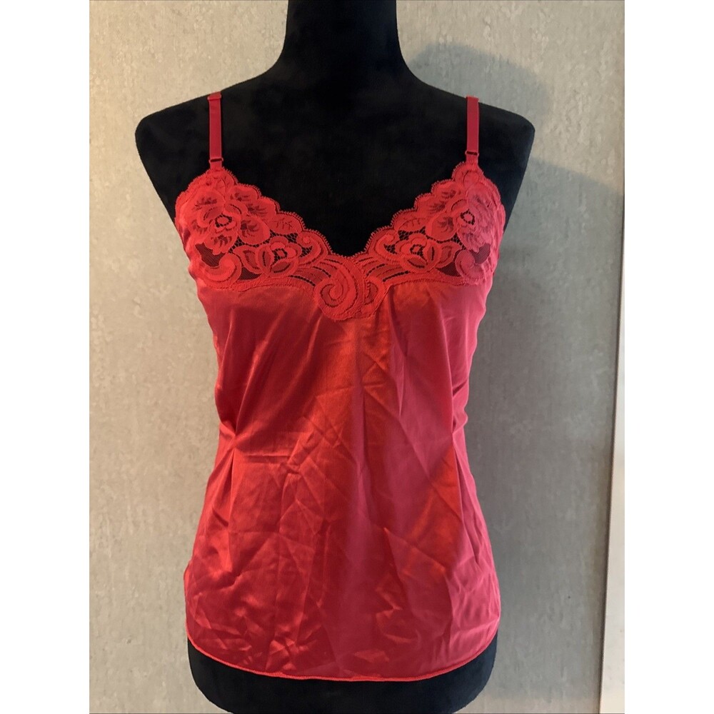 Vintage 70s Vanity Fair Nylon Antron III Camisole Red Floral Lace Top 32